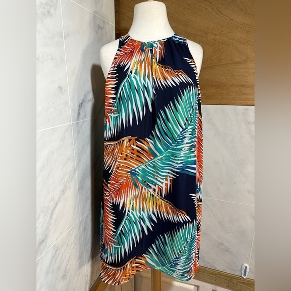 😊Vince Camuto Sundress  Multicolor Palms Sheer Sleeveless Scoop Neck size PS - Picture 1 of 11